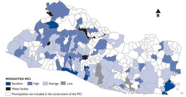 Map for the index of municipal competitiveness of El Salvador